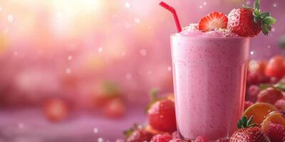 Refreshing fruit smoothie served in a glass with strawberries on top against a colorful background photo