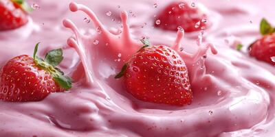 Fresh strawberries create splashes in creamy pink mixture during vibrant dessert preparation photo