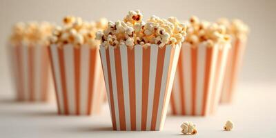 Freshly popped popcorn in stylish striped containers ready for movie night in a cozy setting photo
