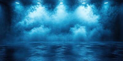 Mysterious blue fog envelops a darkened stage, creating an atmospheric setting for performance or event photo