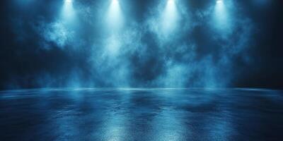 Mysterious blue lighting creates an atmospheric ambiance in an empty venue at night photo