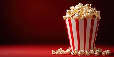 Popcorn in a striped container against a red background, perfect for movie time or snacking moments photo