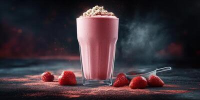 Delicious strawberry smoothie with whipped cream served in a glass on a dark background photo