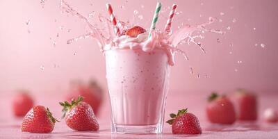Refreshing strawberry milkshake with splashes captured in vibrant pink setting photo