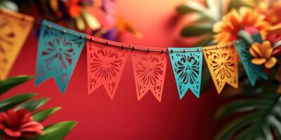 Colorful papel picado decorations create a festive atmosphere in a vibrant setting filled with flowers and greenery photo