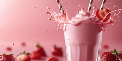 Strawberry milkshake with splashes and fresh strawberries on a pink background in a summer setting photo