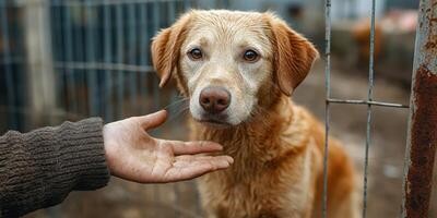 Rescue dog gently interacts with kind hand in shelter environment during a sunny afternoon photo