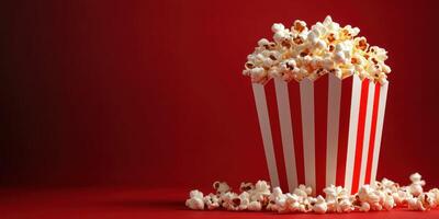 Popcorn in a striped container against a red background captures the essence of movie nights and snacks photo