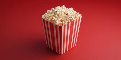 Popular snack for movie nights showcasing a red striped bucket filled with popcorn against a vibrant background photo