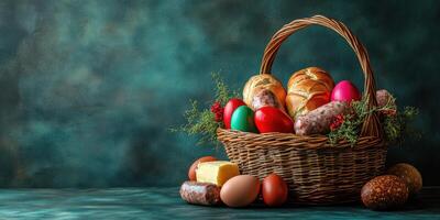 Colorful Easter basket filled with eggs, bread, and treats set against a textured background photo