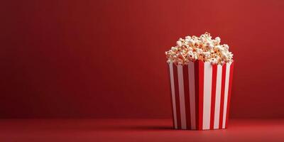 Popcorn served in a classic striped box against a vibrant red background for a fun movie night experience photo