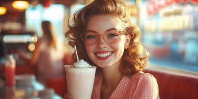 Enjoying a retro milkshake at a vintage diner during a sunny afternoon photo