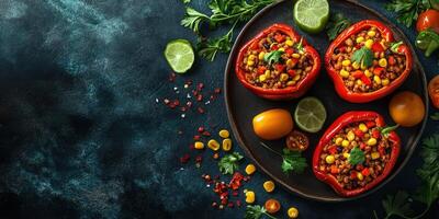 Colorful stuffed bell peppers with vegetables and herbs on a dark background, perfect for a healthy meal photo