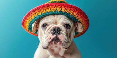 Bulldog wearing colorful hat poses against a vibrant blue backdrop during a playful indoor session photo