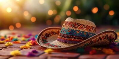 Vibrant traditional hat placed on a colorful surface during a festive celebration in a garden setting photo
