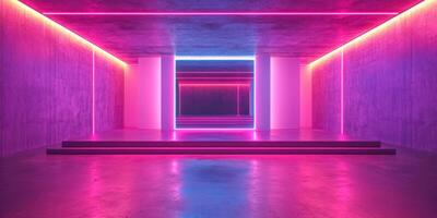 Vibrant neon-lit interior space showcasing modern design with colorful lighting at a late evening hour photo