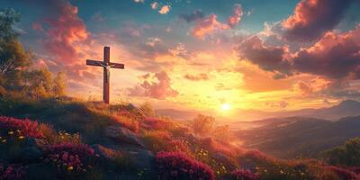 Sunset view with a wooden cross and blooming flowers in a serene landscape photo