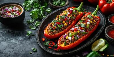 Colorful stuffed peppers filled with vegetables and spices on a rustic table in a cozy kitchen setting photo