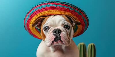Bulldog wears colorful sombrero against bright blue background with cacti during a playful photo session