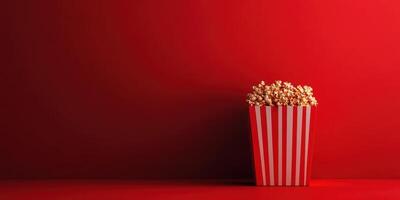 Red background with traditional striped popcorn container filled with fluffy popcorn on display photo