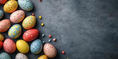 Colorful decorated Easter eggs on dark textured surface create festive spring atmosphere photo