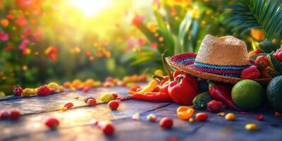 Fresh vegetables and fruits arranged on a wooden table in a vibrant garden during golden hour photo