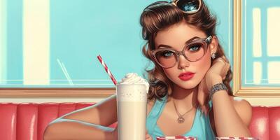 Retro diner scene with a young woman enjoying a milkshake in a 1950s-inspired setting photo
