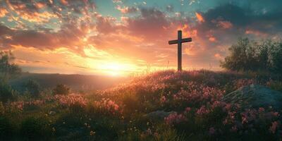 Beautiful sunset over a peaceful hill with a cross surrounded by blooming flowers in a serene landscape photo