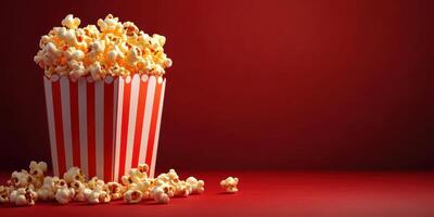 Colorful popcorn bucket filled with buttery popcorn set against a vibrant red background photo
