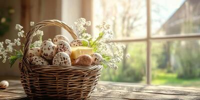 Decorative basket filled with speckled eggs and flowers placed on a rustic table near a sunny window in springtime photo