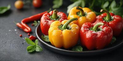 Colorful bell peppers on a black plate with fresh herbs and spices displayed in a kitchen setting photo