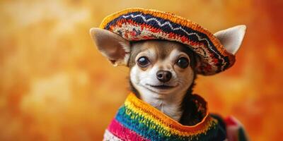Charming chihuahua dressed in colorful traditional attire against a warm background photo