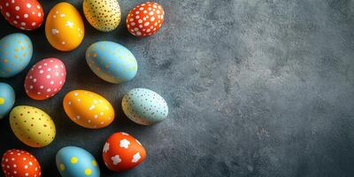 Colorful decorated eggs arranged on a gray background for spring celebration and Easter festivities photo