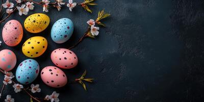 Colorful Easter eggs arranged with cherry blossom branches on a dark background for spring celebration photo