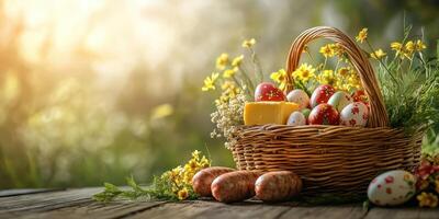 Colorful Easter basket filled with eggs, flowers, and treats in a serene outdoor setting during springtime photo