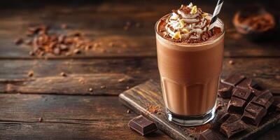 Delicious chocolate shake topped with whipped cream and chocolate shavings served on a wooden table photo