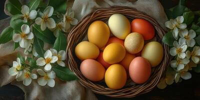 Colorful eggs arranged in a woven basket surrounded by spring flowers and greenery photo