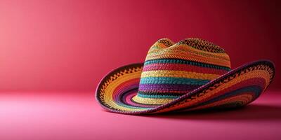 Colorful woven sombrero on a vibrant pink background showcasing traditional craftsmanship and design photo