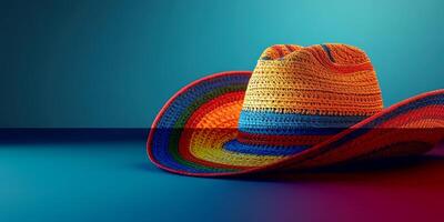 Brightly colored woven hat displayed on a blue and green background creating a vibrant summer atmosphere photo