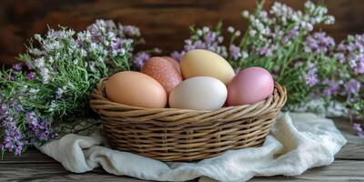 Colorful eggs in a rustic basket surrounded by delicate flowers on a wooden table photo