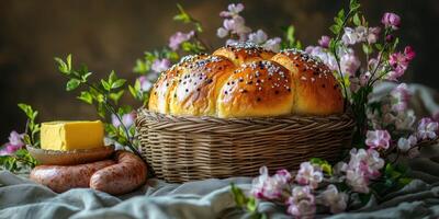 Freshly baked bread with cheese and sausage arranged with flowers in a rustic setting photo