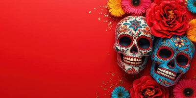 Colorful decorative skulls surrounded by vibrant flowers celebrate cultural traditions and festivities in a striking display photo