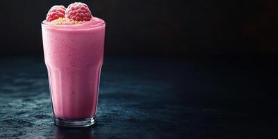 Smooth and creamy raspberry smoothie served in a glass with fresh raspberries on top photo