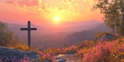 A serene sunset over mountains with vibrant flowers and a cross in a peaceful landscape photo