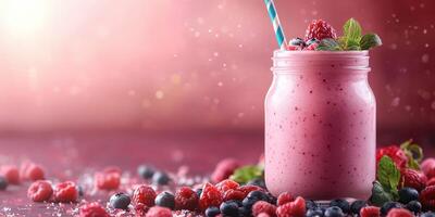 Refreshing berry smoothie in a jar with mint on a vibrant background during a warm afternoon photo