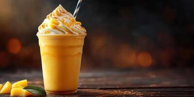 Refreshing mango smoothie topped with whipped cream and a straw in a cozy setting at dusk photo
