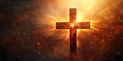 Stunning cross illuminated by radiant light amidst swirling sparks and dramatic darkness photo