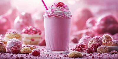 Delicious pink milkshake topped with whipped cream and raspberries surrounded by sweet desserts photo