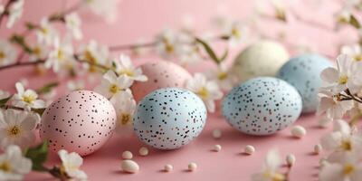 Colorful speckled eggs surrounded by delicate white blossoms on a soft pink background photo