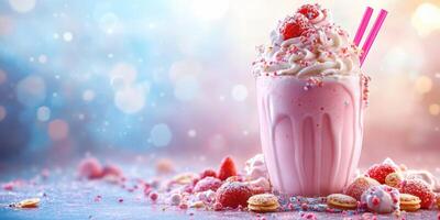 Delicious milkshake topped with whipped cream and strawberries in a vibrant setting photo